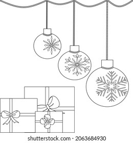Christmas coloring page. Christmas crafts ideas. Christmas toys with snowflakes and gifts gifts on a white background. Flat vector illustration.