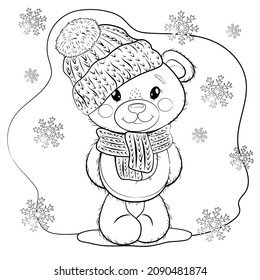Christmas coloring page Cute Cartoon Teddy Bear Doll  in a hat and a scarf on a blue - white background with snowflakes. Vector illustration.