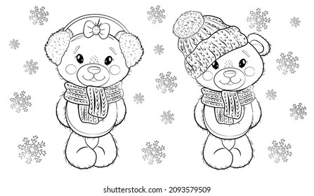 Christmas coloring page Cute Cartoon Teddy Bear Dolls in a hat, fur headphones  and  scarfs on a white background with snowflakes. Vector illustration. Coloring page.