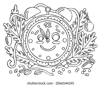 Christmas coloring page. Cute clock, fir branches with decorations. Hand drawn line art winter vector illustration. Happy holiday.