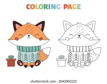Christmas coloring page with cute fox in the sweater. Cartoon kawaii character. Forest animals. Winter coloring book. Vector illustration.