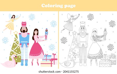 Christmas coloring page with cute nutcracker character and ballerina, flying fairy with wand, xmas tree and presents in cartoon style, printable worksheet for children books for winter holidays