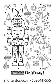 Christmas coloring page with cute nutcracker character.  Cute Christmas vector poster.