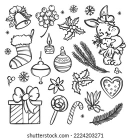 CHRISTMAS COLORING Page Cute Rabbit Baby With Carrot New Year Design Elements Monochrome Cartoon Hand Drawn Sketch Clipart Vector Illustration Collection