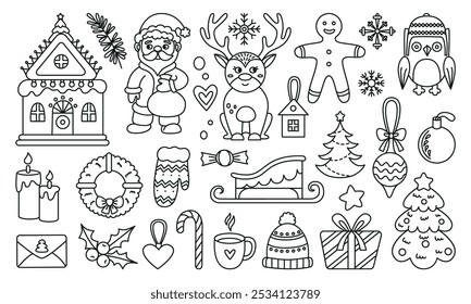Christmas coloring page elements. Children cute xmas characters, santa claus deer owl gingerbread decorated tree wreath. Neoteric doodle holiday vector set