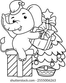 Christmas coloring page with elephant for kids