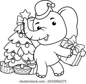 Christmas coloring page with elephant for kids