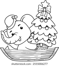 Christmas coloring page with elephant for kids