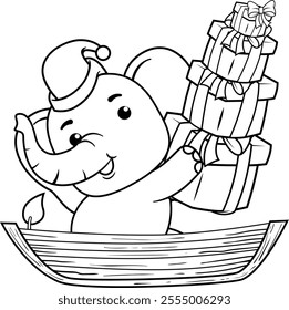 Christmas coloring page with elephant for kids