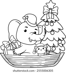 Christmas coloring page with elephant for kids