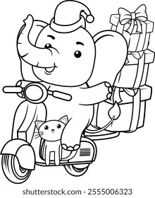 Christmas coloring page with elephant for kids