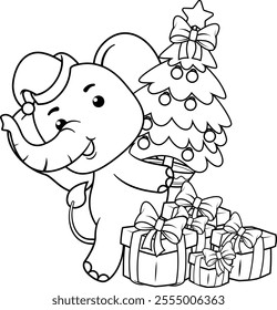 Christmas coloring page with elephant for kids