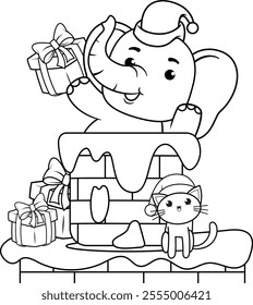 Christmas coloring page with elephant for kids