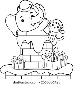 Christmas coloring page with elephant for kids