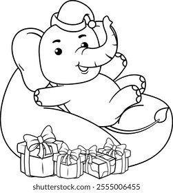 Christmas coloring page with elephant for kids