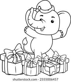 Christmas coloring page with elephant for kids