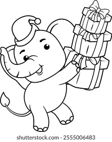 Christmas coloring page with elephant for kids