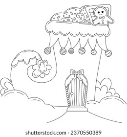 Christmas coloring page with elf boot house with gingerbread man, sweets and christmas wreath for kids and adults, new year themed outline art for postcard design, winter holiday printable activity