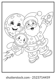 Christmas coloring page featuring a cheerful Santa Claus exploring space with an alien and a rocket. It is ideal for holiday-themed children's activity books and educational materials.