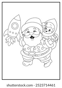 Christmas coloring page featuring a cheerful Santa Claus exploring space with an alien and a rocket. It is ideal for holiday-themed children's activity books and educational materials.