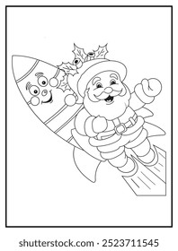 Christmas coloring page featuring a joyful Santa Claus riding a rocket through the sky. Perfect for holiday-themed young children's activity books and educational materials.