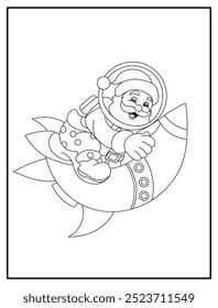 Christmas coloring page featuring a joyful Santa Claus riding a rocket through the sky. Perfect for holiday-themed young children's activity books and educational materials.