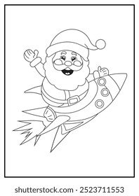 Christmas coloring page featuring a joyful Santa Claus riding a rocket through the sky. Perfect for holiday-themed young children's activity books and educational materials.