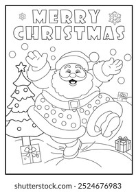 Christmas coloring page featuring a joyful Santa Claus enjoying the snow. Perfect for holiday-themed children's activity books and educational materials.