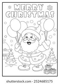 Christmas coloring page featuring a joyful Santa Claus holding balloons. Perfect for holiday-themed children's activity books and educational materials.