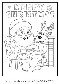 Christmas coloring page featuring a joyful Santa Claus and reindeer sitting in a chair. Perfect for holiday-themed children's activity books and educational materials.