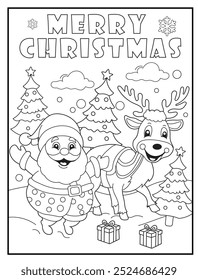 Christmas coloring page featuring a joyful Santa Claus and reindeer. Perfect for holiday-themed children's activity books and educational materials.