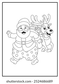 Christmas coloring page featuring a joyful Santa Claus and reindeer. Perfect for holiday-themed children's activity books and educational materials.