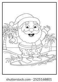 Christmas coloring page featuring a joyful Santa Claus enjoying surfing on a tropical beach. Perfect for holiday-themed children's activity books and educational materials.