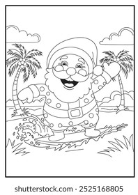 Christmas coloring page featuring a joyful Santa Claus enjoying surfing on a tropical beach. Perfect for holiday-themed children's activity books and educational materials.