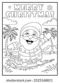 Christmas coloring page featuring a joyful Santa Claus enjoying surfing on a tropical beach. Perfect for holiday-themed children's activity books and educational materials.