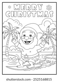 Christmas coloring page featuring a joyful Santa Claus enjoying surfing on a tropical beach. Perfect for holiday-themed children's activity books and educational materials.