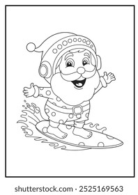 Christmas coloring page featuring a joyful Santa Claus enjoying surfing on a tropical beach. Perfect for holiday-themed children's activity books and educational materials.