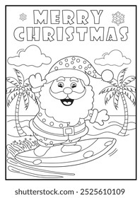 Christmas coloring page featuring a joyful Santa Claus enjoying surfing on a tropical beach. Perfect for holiday-themed children's activity books and educational materials.