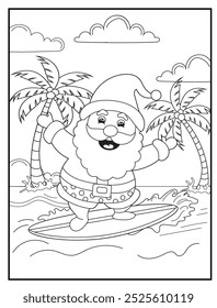 Página para colorear de Navidades con un alegre Santa Claus disfrutando del surf en una playa tropical. Perfecto para libros de actividades y materiales educativos para niños con temática navideña.