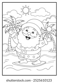 Christmas coloring page featuring a joyful Santa Claus enjoying surfing on a tropical beach. Perfect for holiday-themed children's activity books and educational materials.