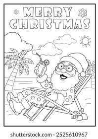 Christmas coloring page featuring a joyful Santa Claus relaxing on a tropical beach. Perfect for holiday-themed children's activity books and educational materials.