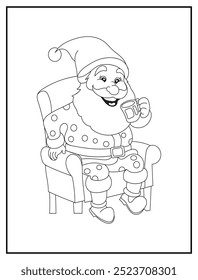 Christmas coloring page featuring Santa Claus sitting in a chair, enjoying a cup of coffee. Ideal for holiday-themed kids' activity books and educational materials.