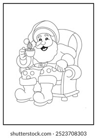 Christmas coloring page featuring Santa Claus sitting in a chair, enjoying a cup of coffee. Ideal for holiday-themed kids' activity books and educational materials.