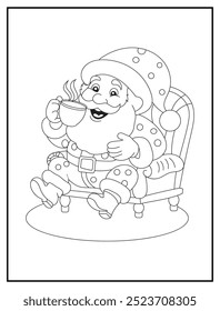 Christmas coloring page featuring Santa Claus sitting in a chair, enjoying a cup of coffee. Ideal for holiday-themed kids' activity books and educational materials.