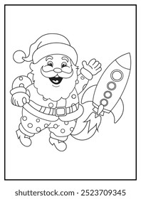 Christmas coloring page featuring Santa Claus holding a rocket in the sky. Ideal for holiday-themed kids' activity books and educational materials.