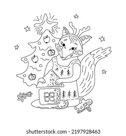 Christmas Coloring Page. Fox Is Making Gingerbread House. Line Art Vector Illustration.