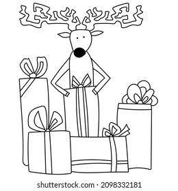 Christmas coloring page with funny deer with gift boxes, outline card for creativity vector illustration