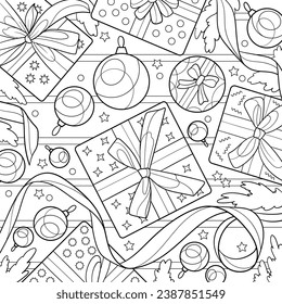 Christmas coloring page, gift boxes and Christmas balls with ribbons top view. Family activity for holiday season. Printable picture to color