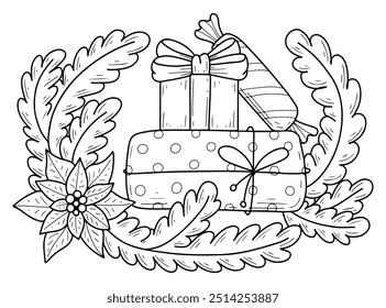 Christmas coloring page gifts in fir branches hand drawn. Present packaging. Red poinsettia flower. Happy holiday. Merry Christmas. Vector doodle illustration. Coloring book for kids and adults.