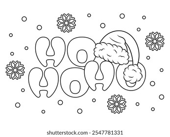 Christmas coloring page "HO HO HO" with Santa's hat and snowflakes
